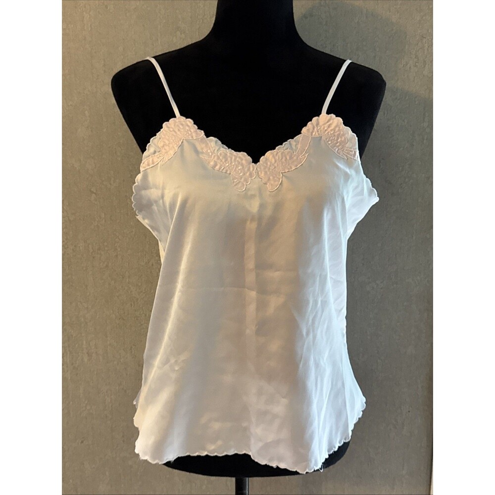 Vintage 90s Elyse White Camisole Scalloped Embroidered Lingerie Top Med